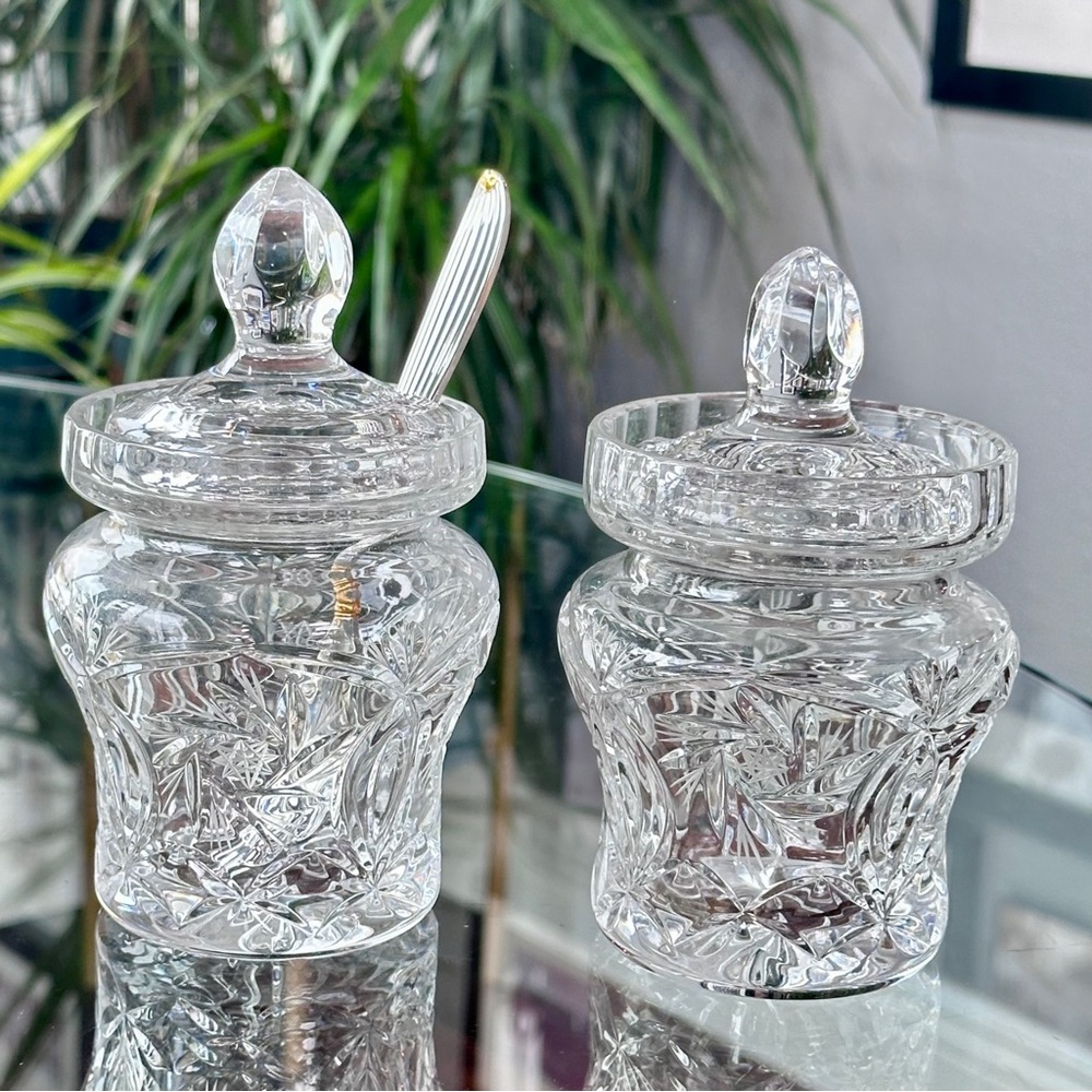 🩵Classic Vintage Pair Of Clear Crystal Lidded Jelly Jam Condiment Jars-EXC!🍓🍯